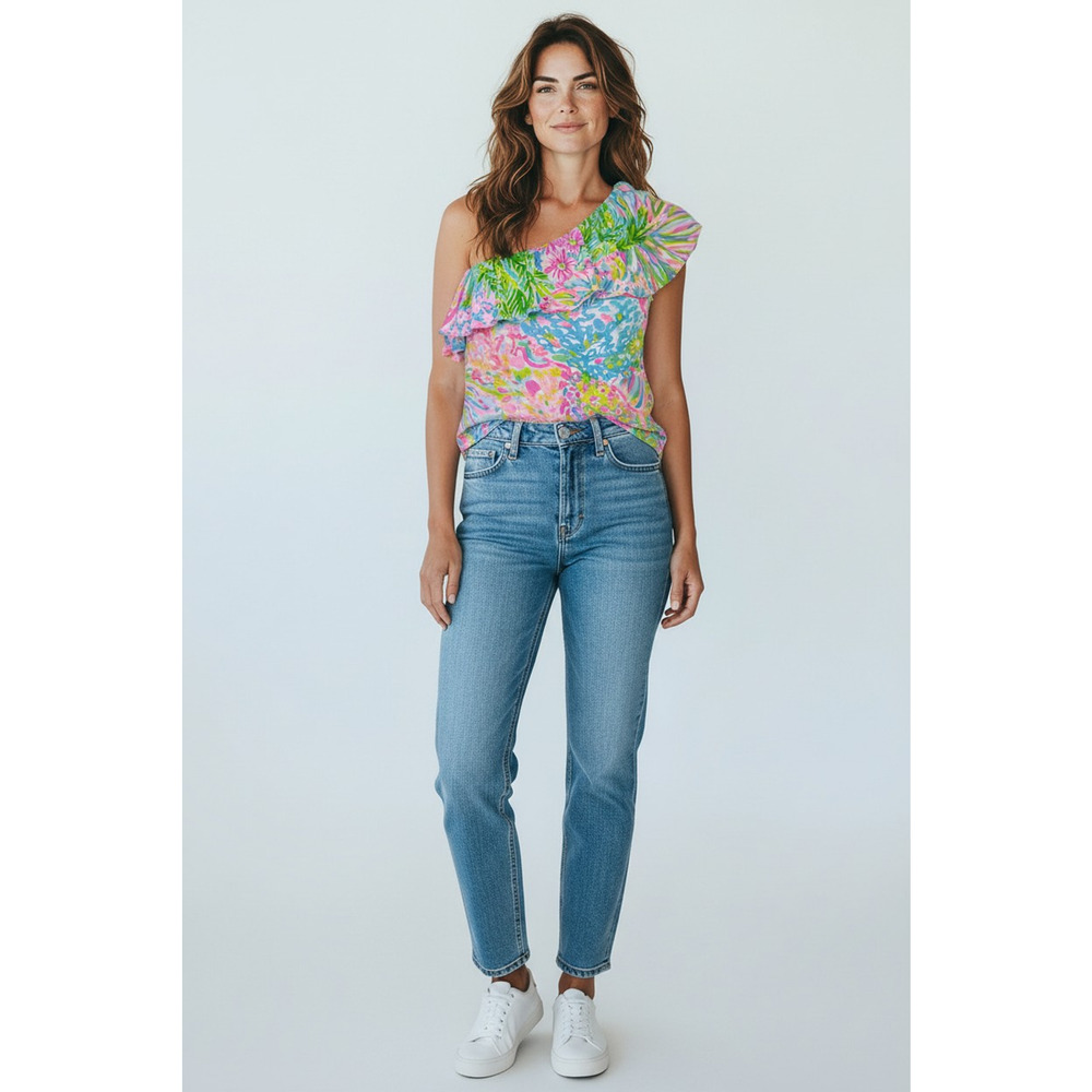 Lilly Pulitzer Tank Top Womens XXS Multi One Shoulder Ruffle Jersey Tropical